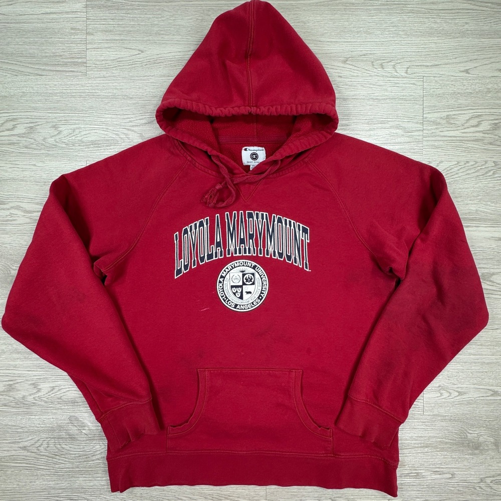 Champion Men's Hoodie Loyola Marymount University Red‎ XL Fraying Cuffs Vintage